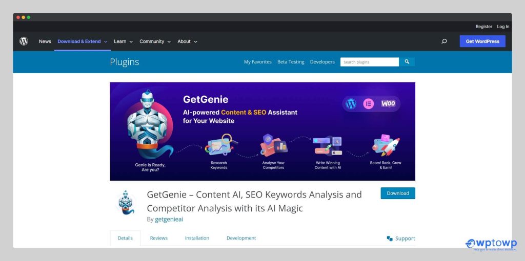 GetGenie, AI content writer for WordPress, wptowp