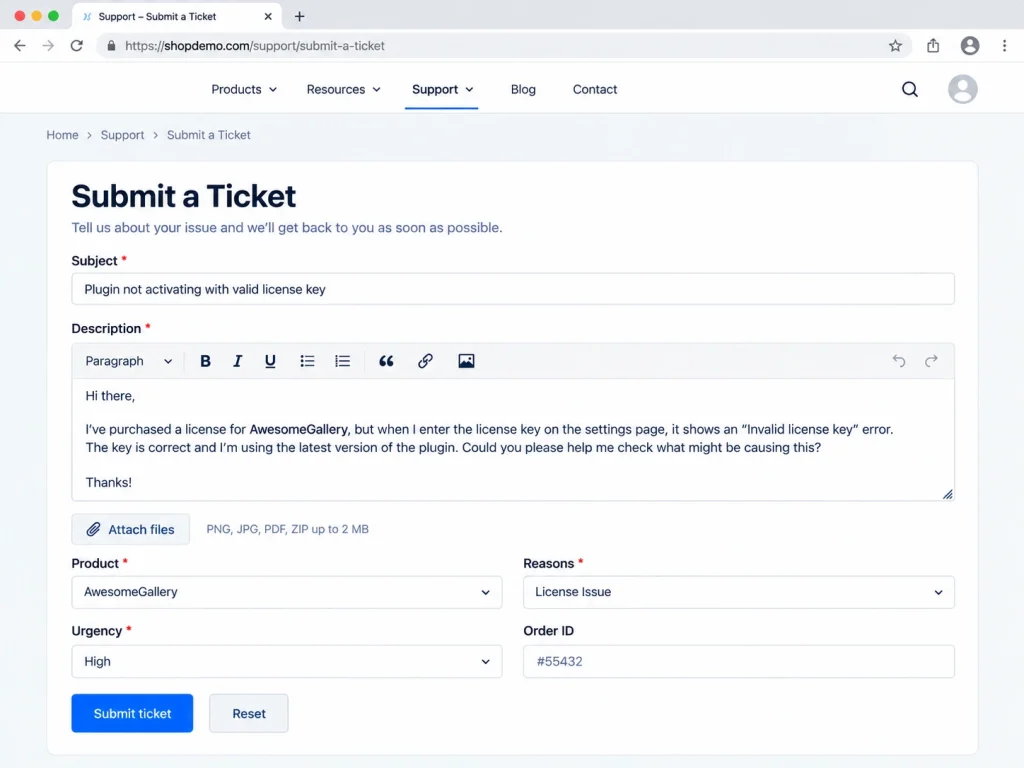 Support ticket form, wptowp